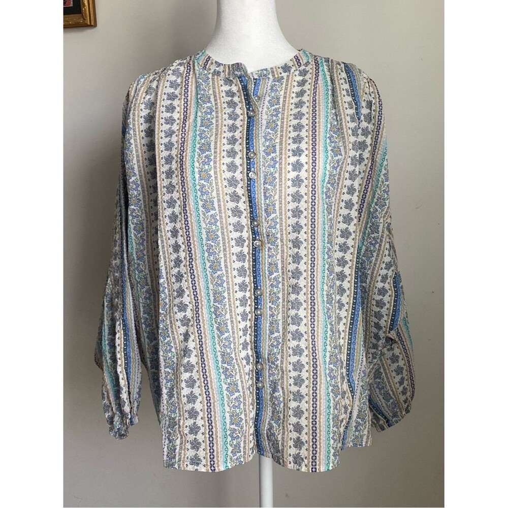 Sundays Lightweight Crinkled Cottagecore Balloon Printed Cotton Blouse Sz M